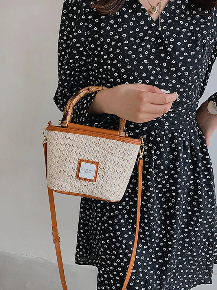 Summer Beach Women's Bag Top Handle Straw Weaving Bucket Shoulder Crossbody Bags
