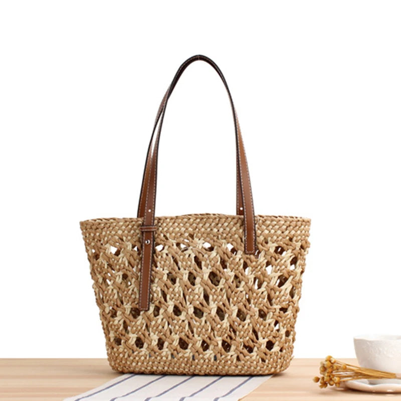 Summer Braided Cutout Tote Bag Women Contrast Straw Shoulder Bag