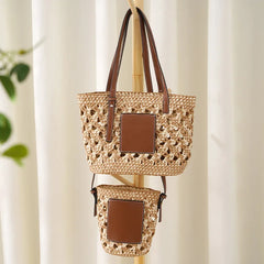 Summer Braided Cutout Tote Bag Women Contrast Straw Shoulder Bag