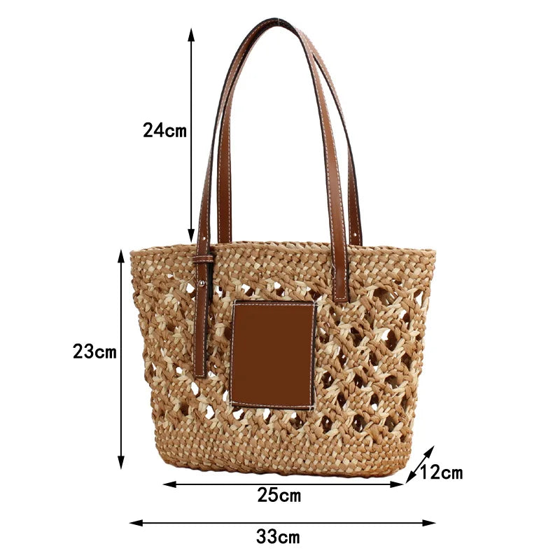 Summer Braided Cutout Tote Bag Women Contrast Straw Shoulder Bag