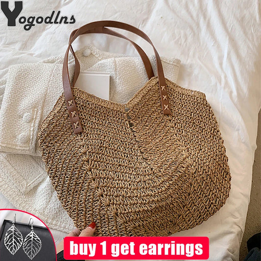 Rattan Shoulder Bag Large Straw Beach Handbag Tote Women's Summer Bucket Bags