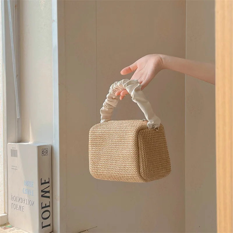 Summer Contrast Straw Bag Small Square Bag Pleated Handle Totes