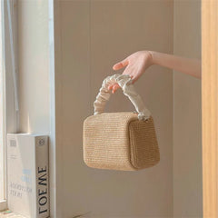 Summer Contrast Straw Bag Small Square Bag Pleated Handle Totes