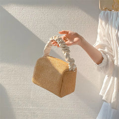 Summer Contrast Straw Bag Small Square Bag Pleated Handle Totes