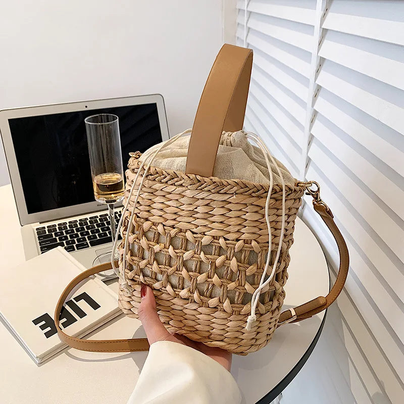 Straw Shoulder Bag Weaving Top Handle Bucket Beach Bags