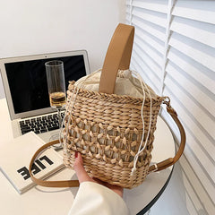 Straw Shoulder Bag Weaving Top Handle Bucket Beach Bags