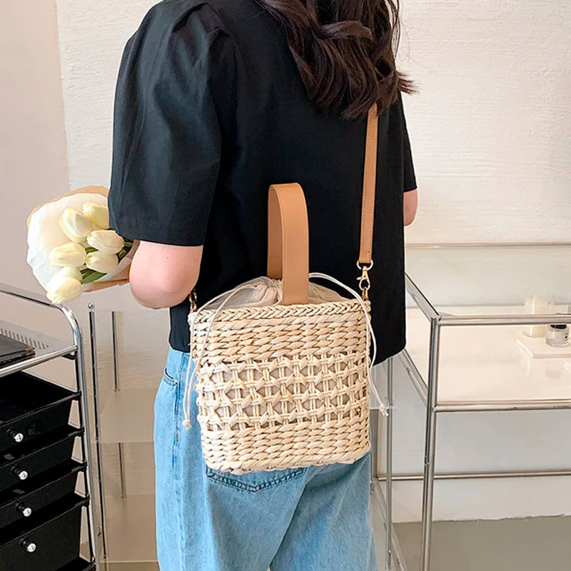 Straw Shoulder Bag Weaving Top Handle Bucket Beach Bags