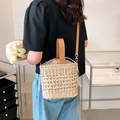 Straw Shoulder Bag Weaving Top Handle Bucket Beach Bags