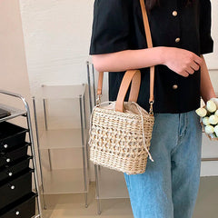 Straw Shoulder Bag Weaving Top Handle Bucket Beach Bags