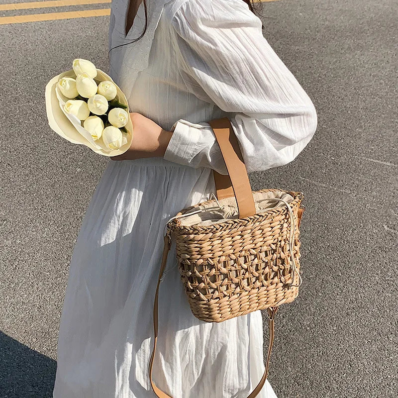 Straw Shoulder Bag Weaving Top Handle Bucket Beach Bags