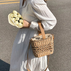 Straw Shoulder Bag Weaving Top Handle Bucket Beach Bags