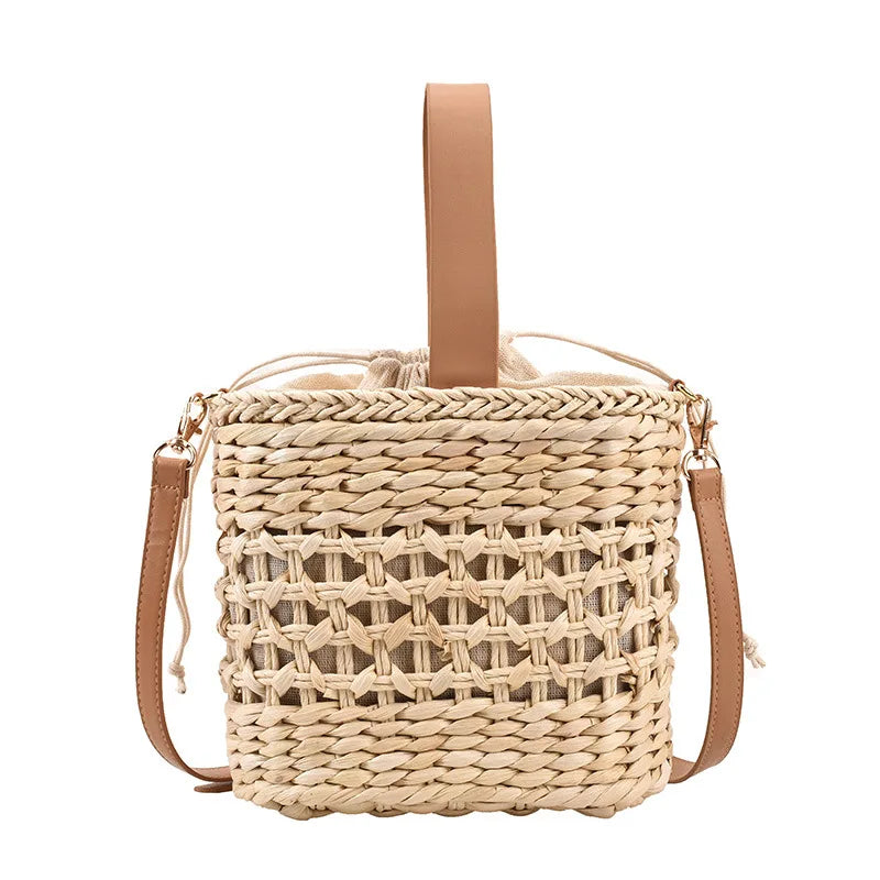 Straw Shoulder Bag Weaving Top Handle Bucket Beach Bags