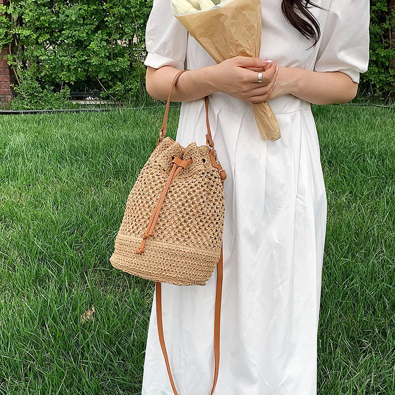 Summer Straw Bucket Bag Drawstring Crossbody Travel Beach Purse