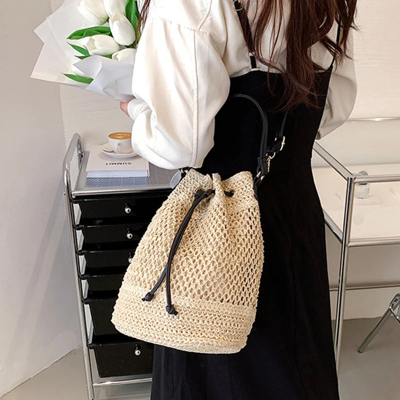 Summer Straw Bucket Bag Drawstring Crossbody Travel Beach Purse