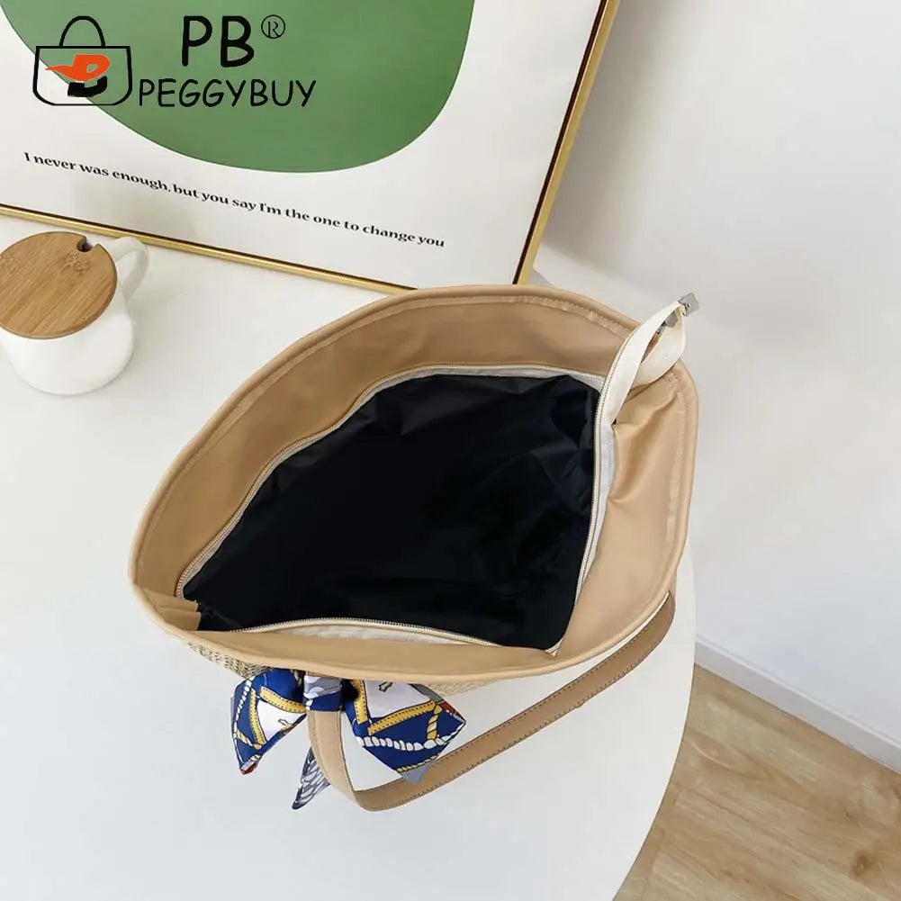 Summer Beach Vacation Straw Handbag with Silk Scarf