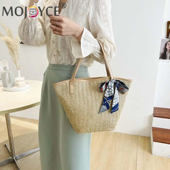 Summer Beach Straw Handbag with Silk Scarf