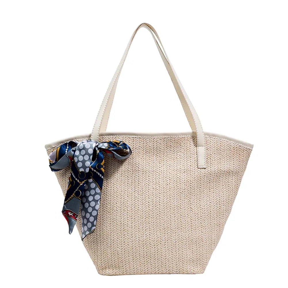 Summer Beach Straw Handbag with Silk Scarf