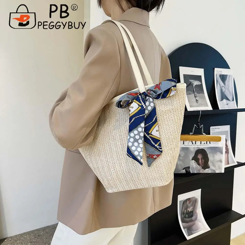Summer Beach Vacation Straw Handbag with Silk Scarf