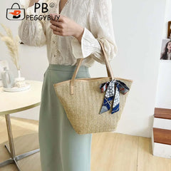 Summer Beach Vacation Straw Handbag with Silk Scarf