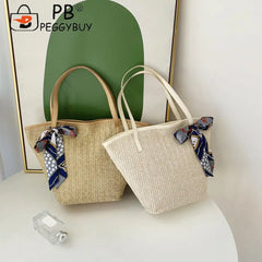 Summer Beach Vacation Straw Handbag with Silk Scarf