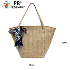 Summer Beach Vacation Straw Handbag with Silk Scarf