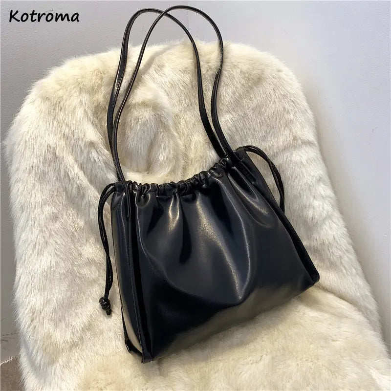 Summer Pleated Shoulder Bags Women String PU Leather Soft