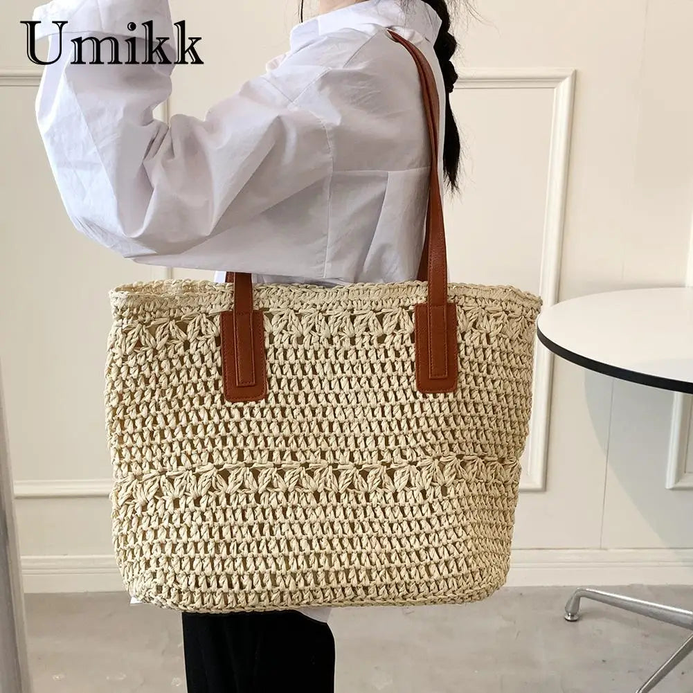 Straw Woven Shoulder Bag Large Capacity Boho Beach Vacation Handbag
