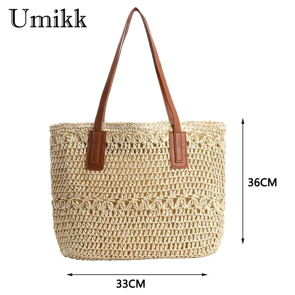 Straw Woven Shoulder Bag Large Capacity Boho Beach Vacation Handbag