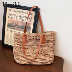 Straw Woven Shoulder Bag Large Capacity Boho Beach Vacation Handbag