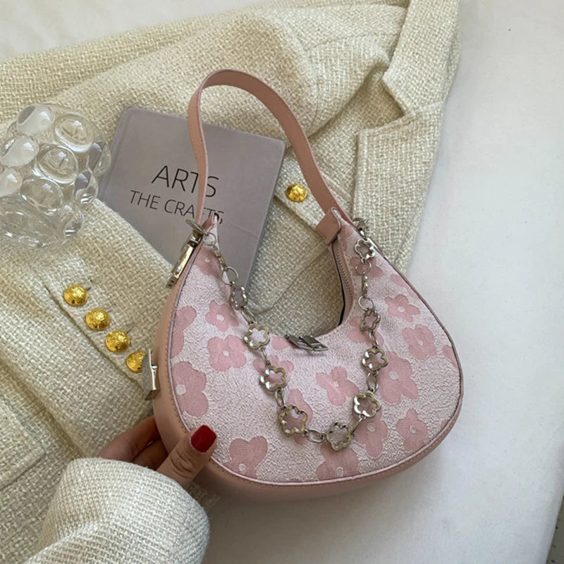Summer Flower Half-moon Bag Canvas Armpit Shoulder Underarm Bag