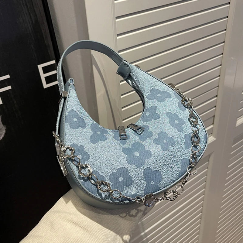 Summer Flower Half-moon Bag Canvas Armpit Shoulder Underarm Bag