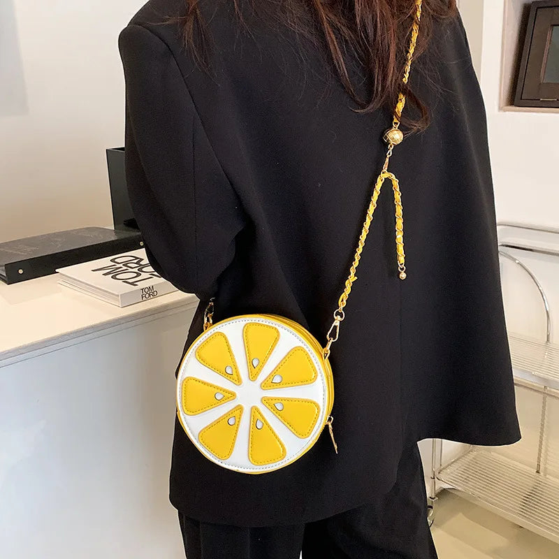 Summer Fruit Orange Crossbody Bag Round Leather Small Chain Shoulder Purse