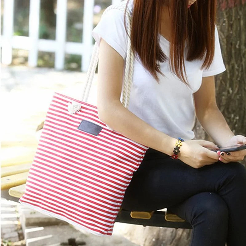 Summer Canvas Shoulder Bag Striped Tote Women Ladies Handbag