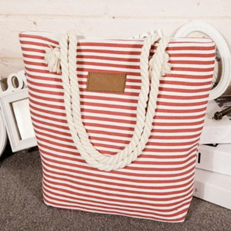 Summer Canvas Shoulder Bag Striped Tote Women Ladies Handbag