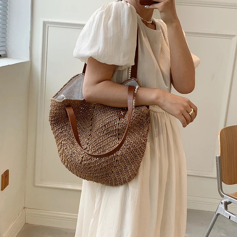 Bohemian Rattan Straw Shoulder Handbag High Capacity Tote Bag