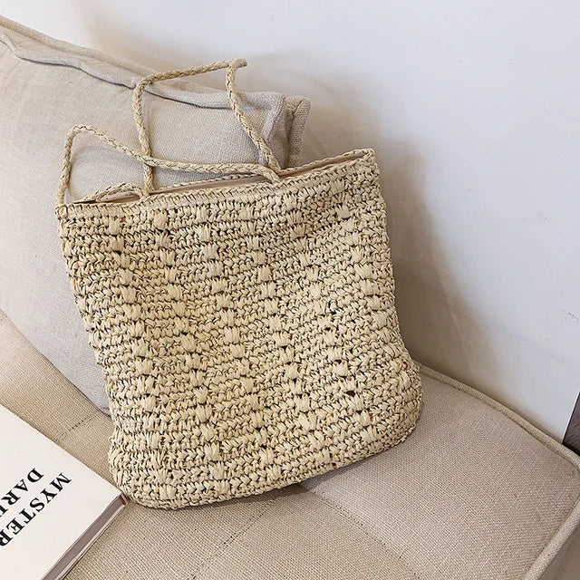 Bohemian Straw Beach Tote Handbag, Summer Travel Shopper, Large Shopping Bag