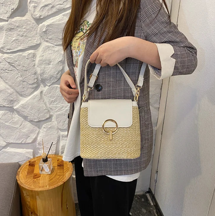 Summer Beach Woven Grass Bag Top Handle Handbag