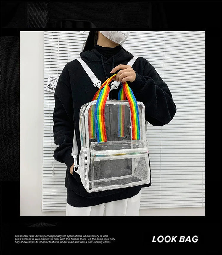 Summer Clear PVC Women Backpack Transparent Pink Rainbow Bag
