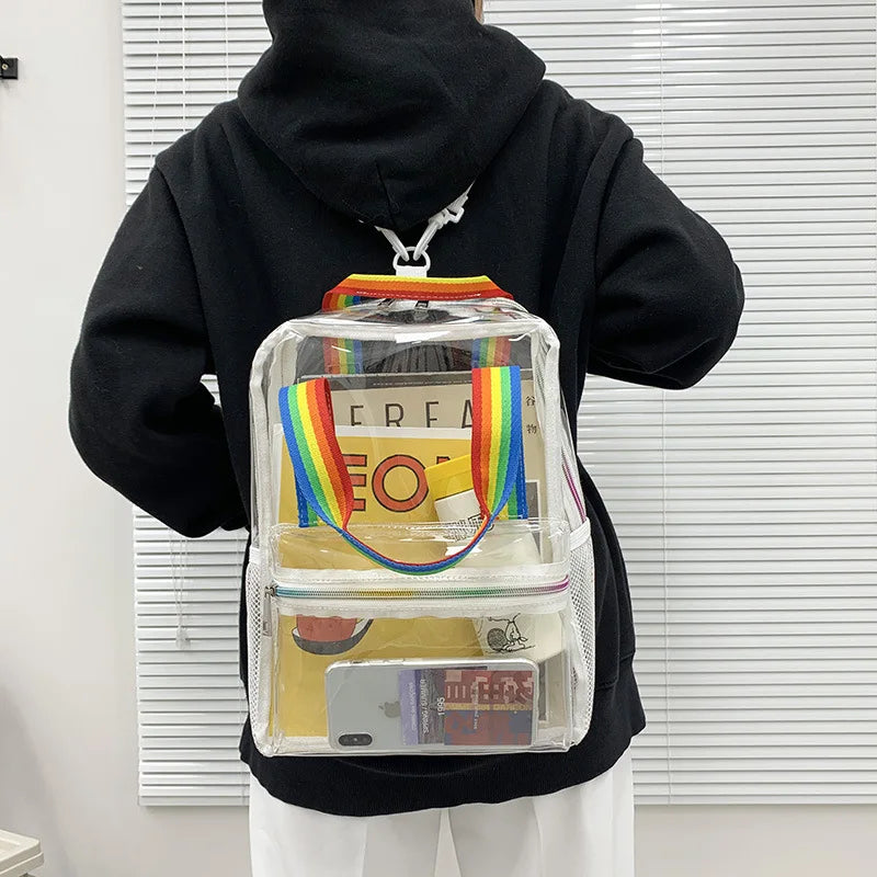 Summer Clear PVC Women Backpack Transparent Pink Rainbow Bag