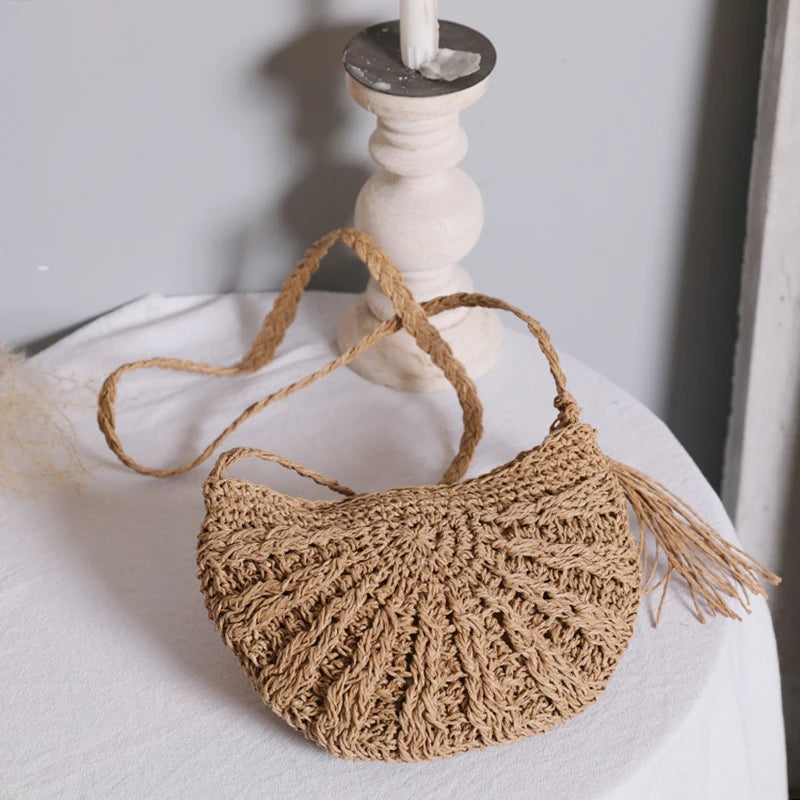 Summer Straw Woven Crossbody Bag Tassel Beach Bag