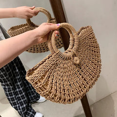 Half-moon Straw Beach Bag Travel Handle Rattan Shopping Basket Totes Bolsa