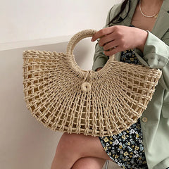 Half-moon Straw Beach Bag Travel Handle Rattan Shopping Basket Totes Bolsa