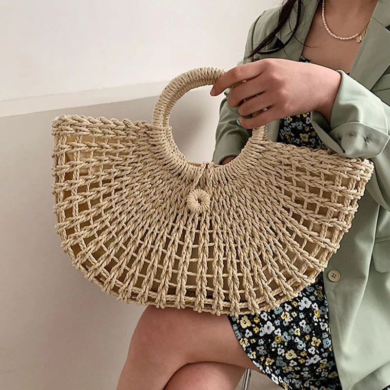 Half-Moon Straw Beach Bag Travel Handle Bag Rattan Shopping Basket Bag