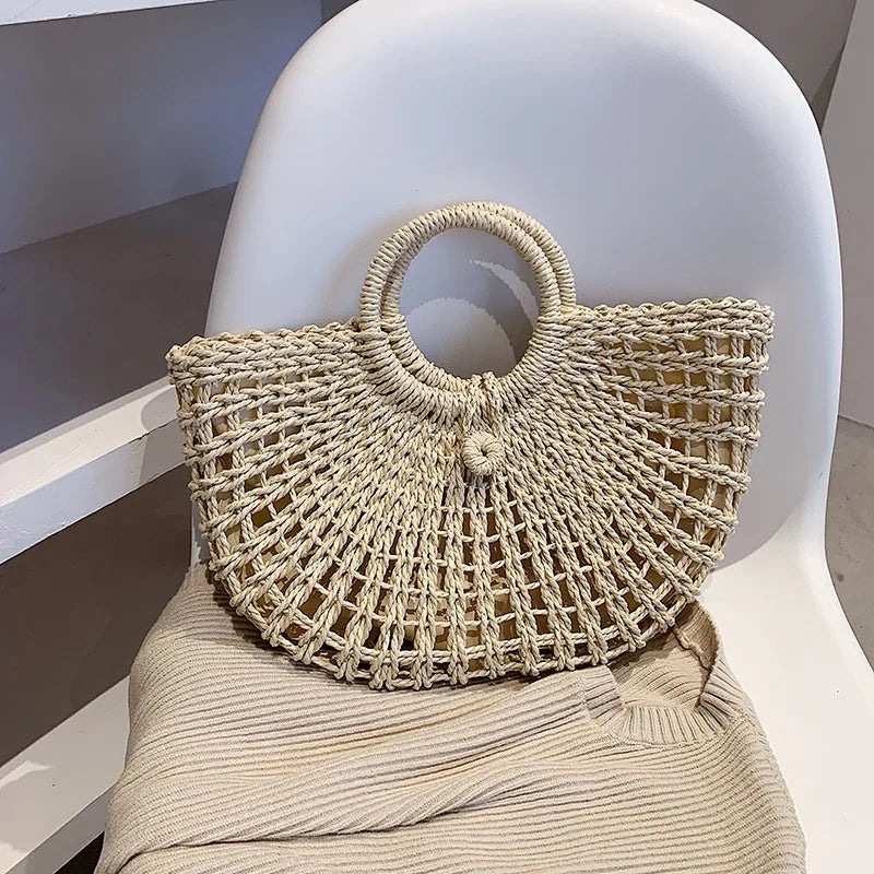 Half-Moon Straw Beach Bag Travel Handle Bag Rattan Shopping Basket Bag