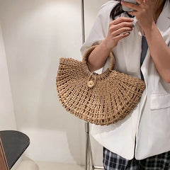 Half-moon Straw Beach Bag Travel Handle Rattan Shopping Basket Totes Bolsa