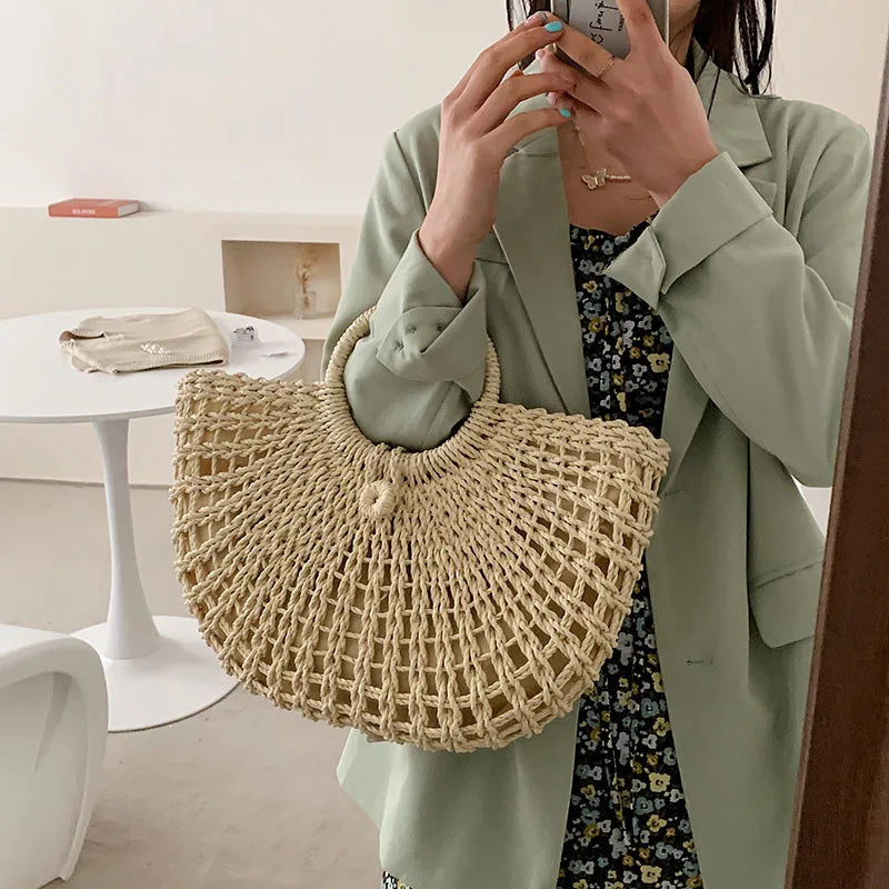 Half-Moon Straw Beach Bag Travel Handle Bag Rattan Shopping Basket Bag