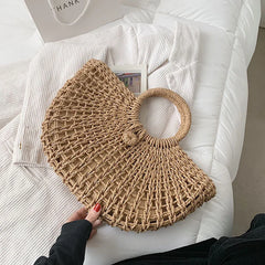 Half-moon Straw Beach Bag Travel Handle Rattan Shopping Basket Totes Bolsa