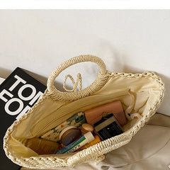 Half-moon Straw Beach Bag Travel Handle Rattan Shopping Basket Totes Bolsa