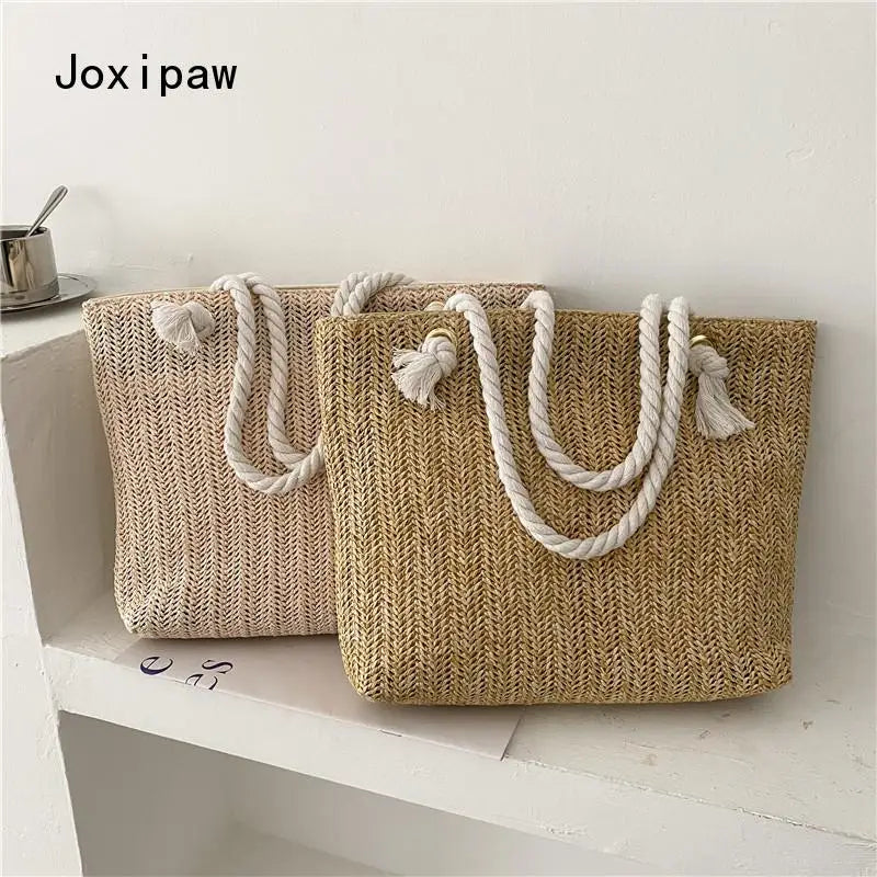 Summer Straw Handbag Shoulder Bag Large Capacity Solid Tote Bags
