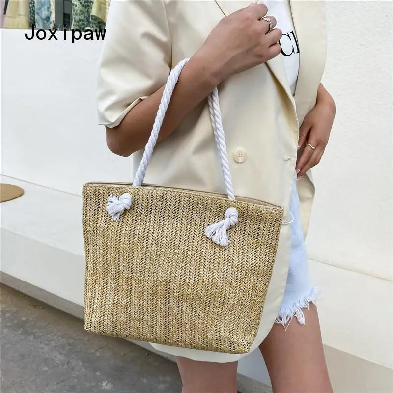 Summer Straw Handbag Shoulder Bag Large Capacity Solid Tote Bags